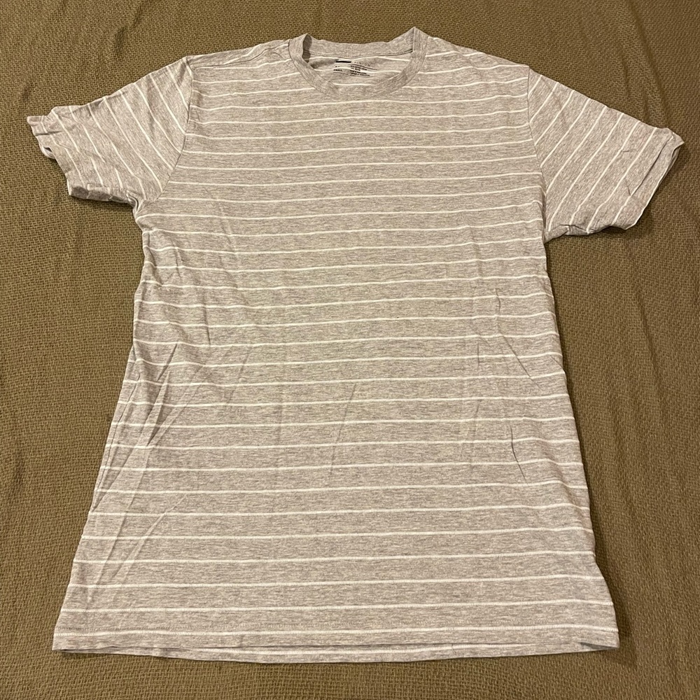 Public Opinion: grey and white striped t-shirt